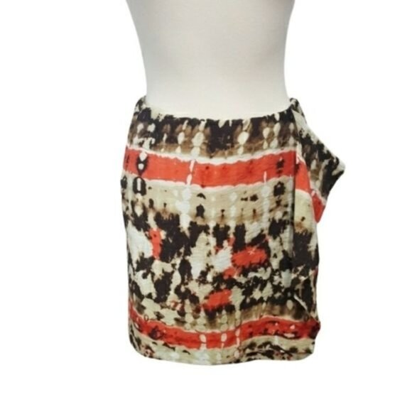 Vince Camuto Skirt Abstract Tie-Dye‎ Mini Skirt Faux Wrap Brown Orange 8 Petite - Picture 1 of 8